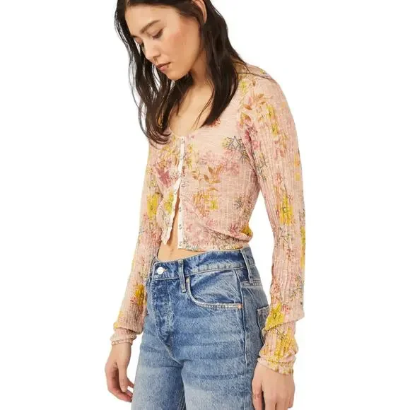 Free People Angelina Top Small Pink Floral Print Lace New Sheer Romantic Cottage - Picture 7 of 7